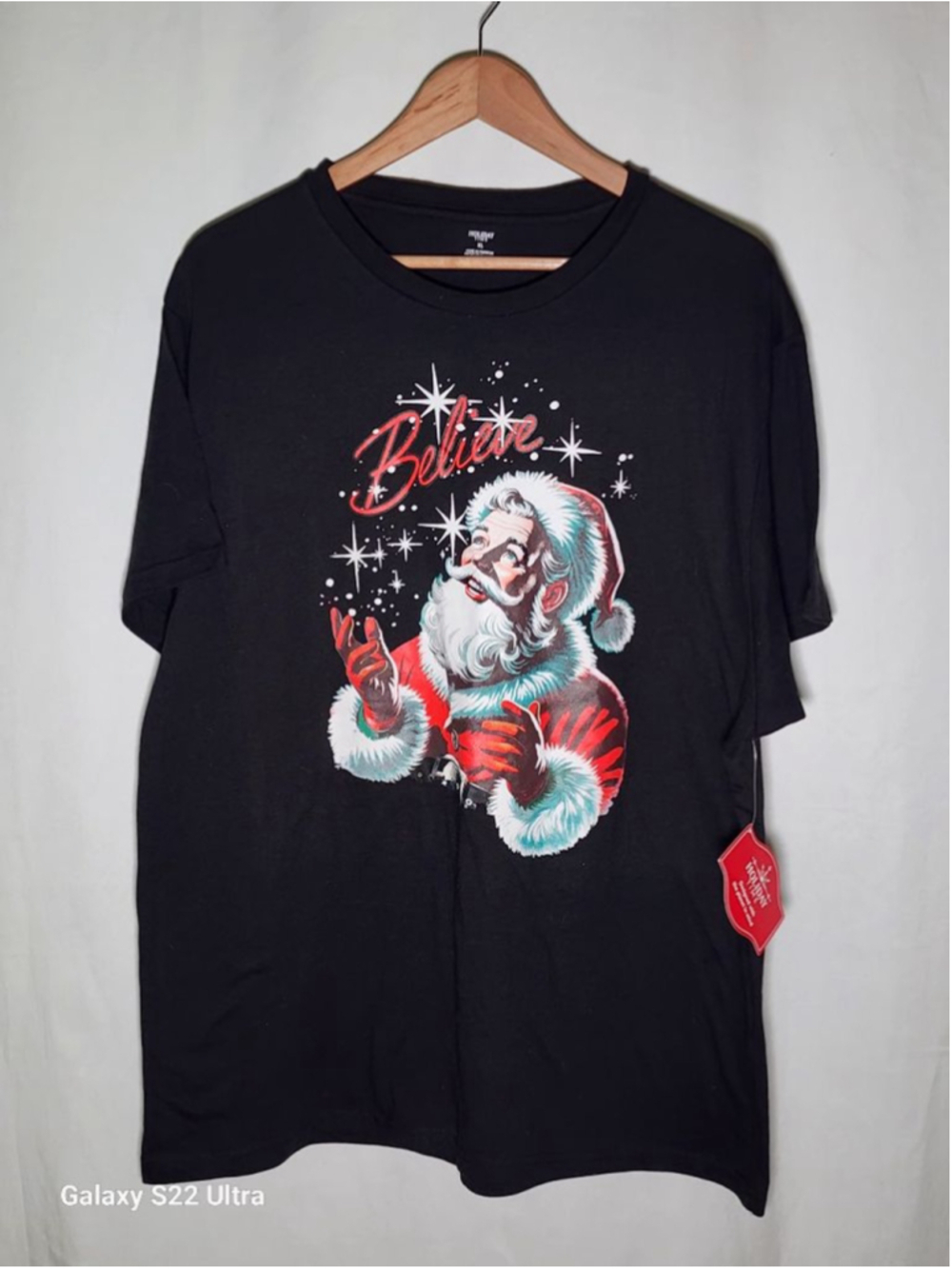 Men's Holiday Time Black Santa Believe Short Sleeve Tee XL